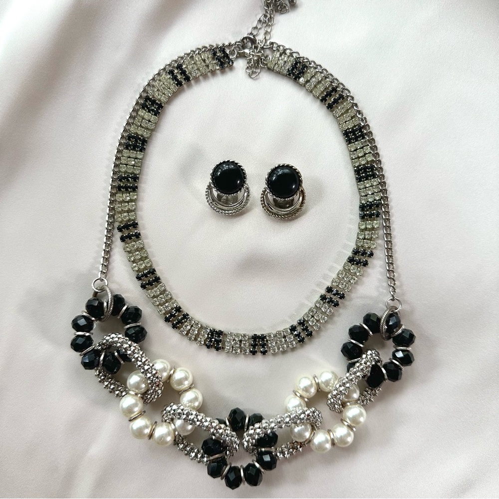 Silver 3 Pc Set,  Sarah Coventry Clip Ons, NY&Co faux pearl, Rhinestone …